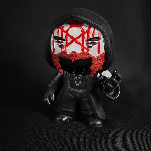 Vessel vinyl figurine - custom 3D printed chibi figure with hooded cloak and red mask detail